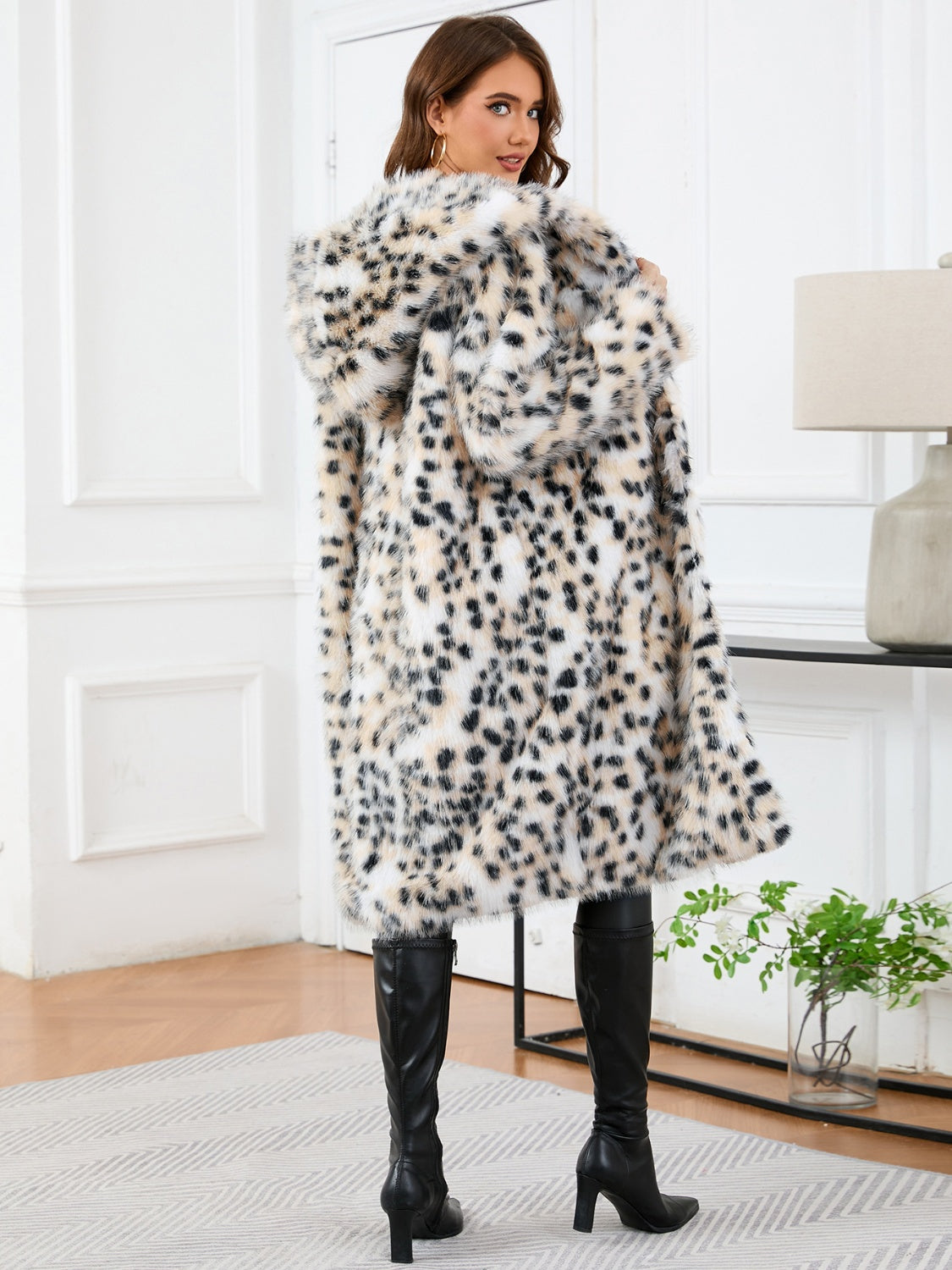 Thermal Leopard Faux Fur Hooded Outerwear