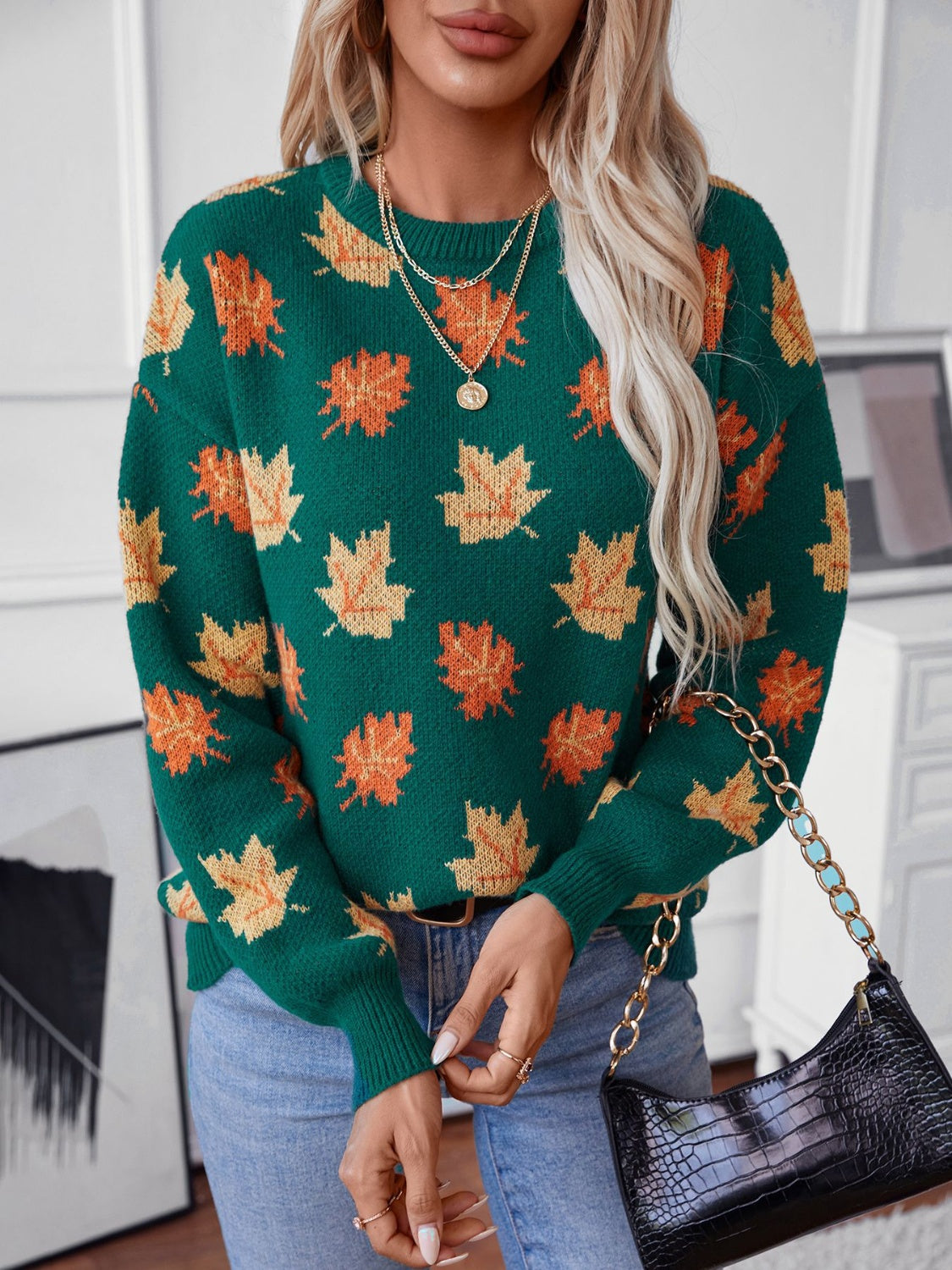 Maple Leaf Round Neck Long Sleeve Sweater