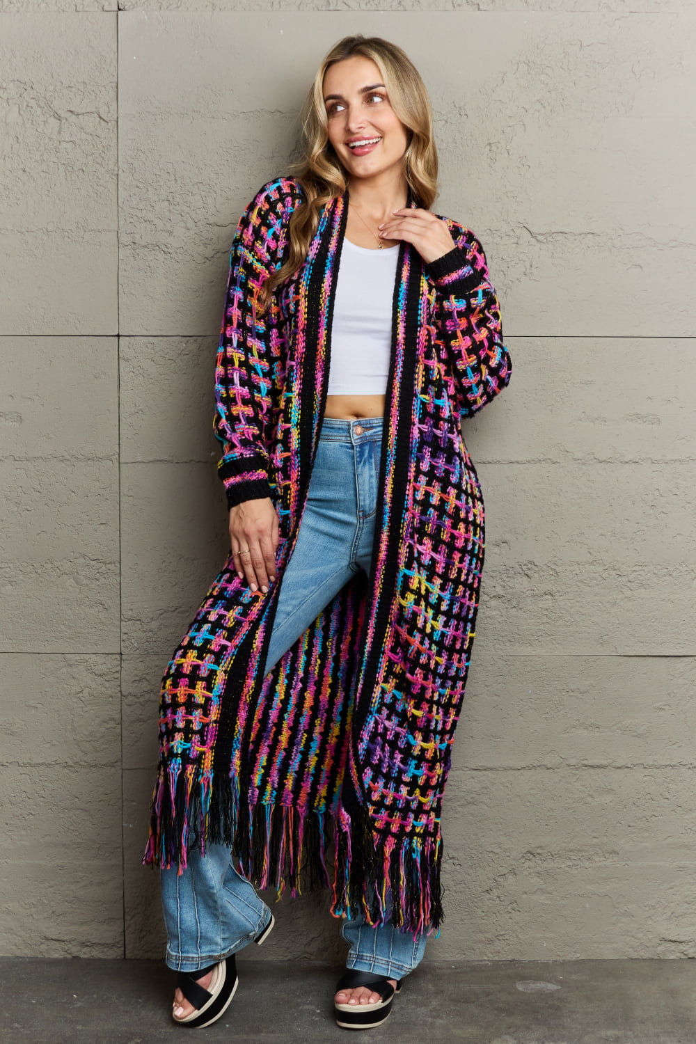 Angel Wings Full Size Multicolored Open Front Fringe Hem Cardigan