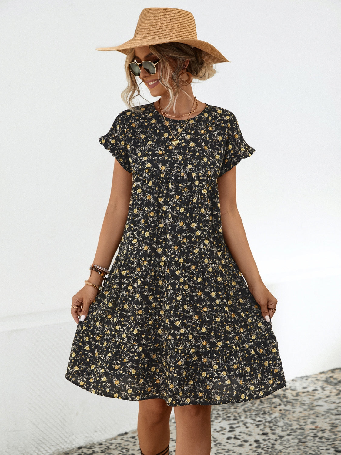 Frill Floral Round Neck Short Sleeve Tiered Dress