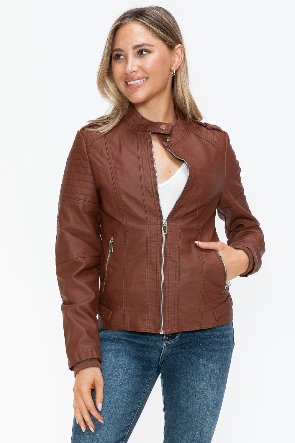 Snobbish PU Leather Biker Jacket with Side Zip Pockets