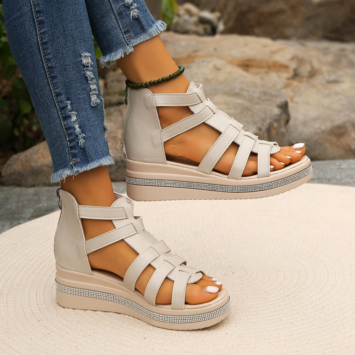 Cutout Rhinestone Trim Wedge Sandals