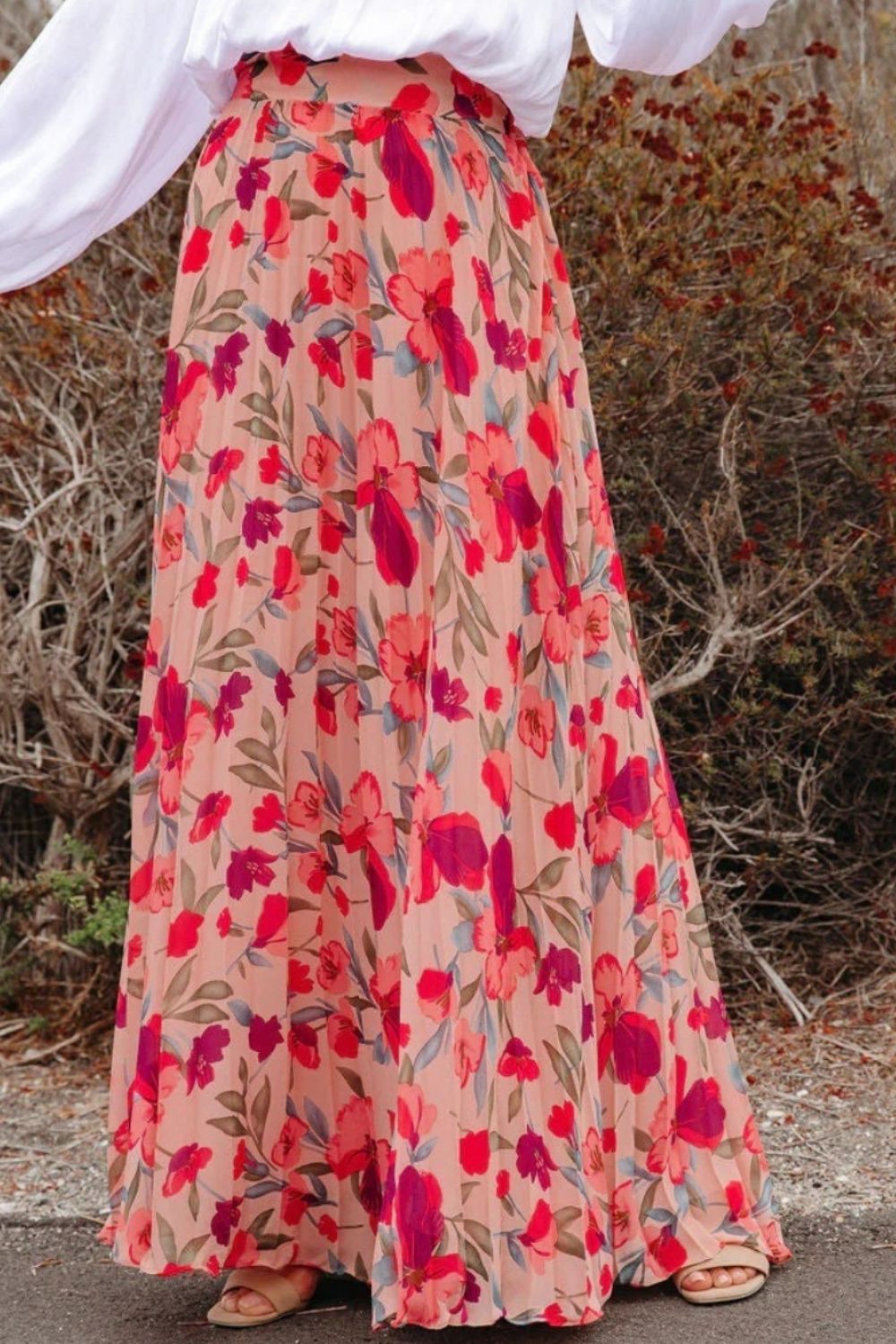 Printed Elastic Waist Pleated Maxi Skirt