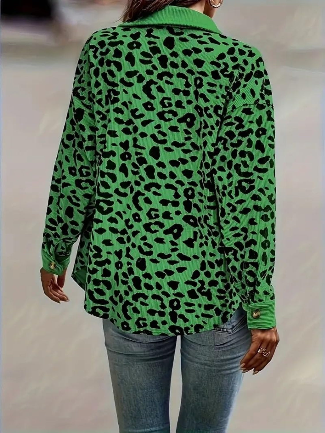 Full Size Leopard Collared Neck Button Up Long Sleeve Jacket