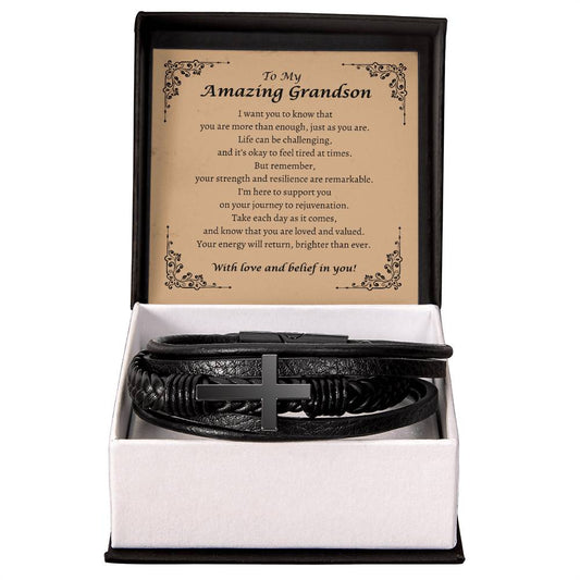 To My Grandson - You Are Enough - Men's Cross Leather Bracelet