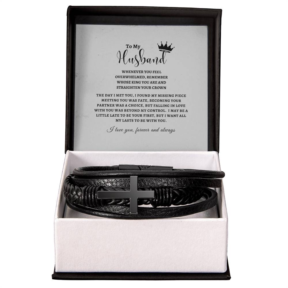 To My Husband - The day I Met You - Men's Cross Leather Bracelet