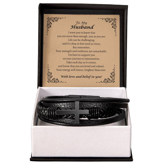 To My Husband - You Are More Than Enough, Just as You Are - Men's Cross Leather Bracelet