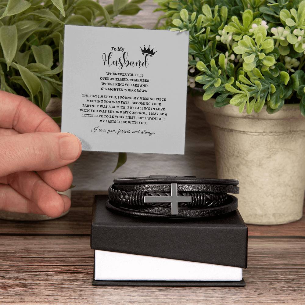 To My Husband - The day I Met You - Men's Cross Leather Bracelet