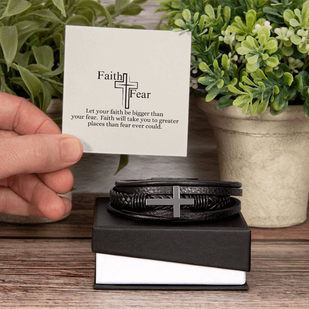 Faith Over Fear - Men's Cross Leather Bracelet