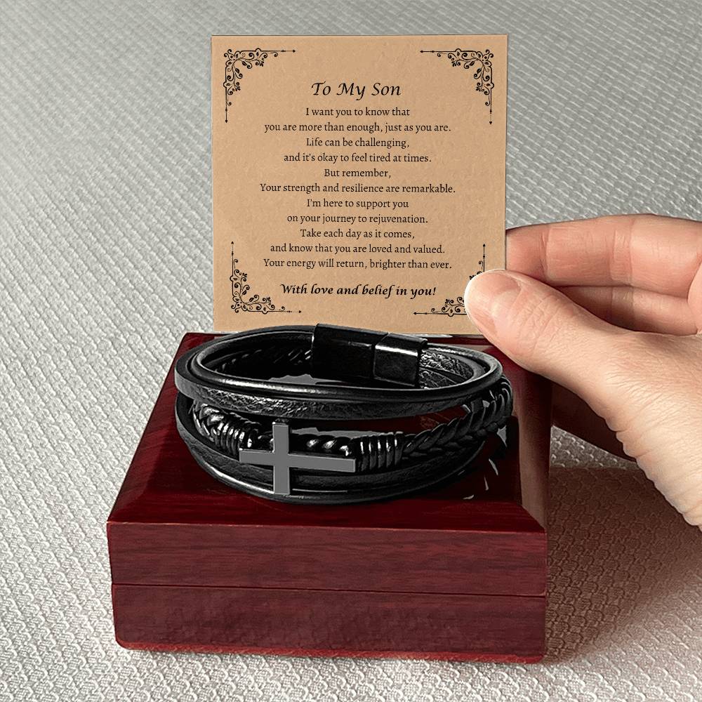 To My Son - You Are More Than Enough - Men's Cross Leather Bracelet