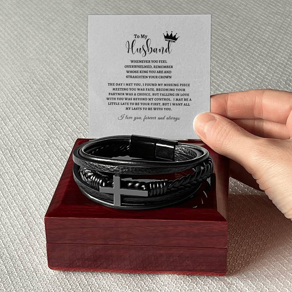 To My Husband - The day I Met You - Men's Cross Leather Bracelet