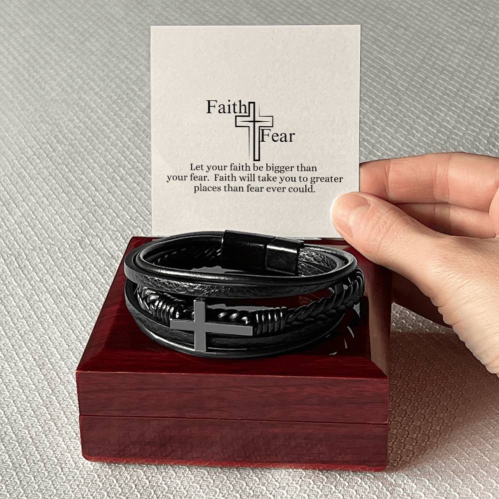 Faith Over Fear - Men's Cross Leather Bracelet