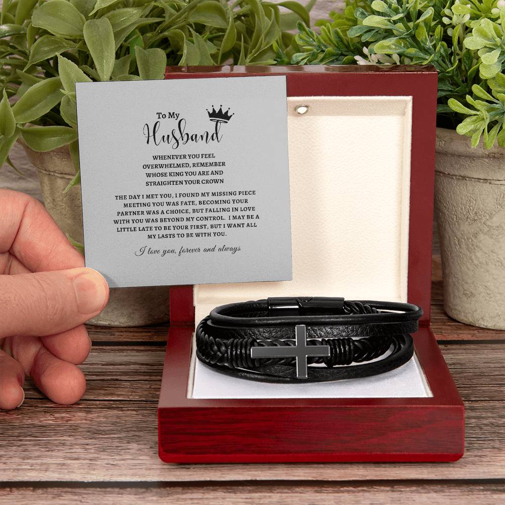 To My Husband - The day I Met You - Men's Cross Leather Bracelet