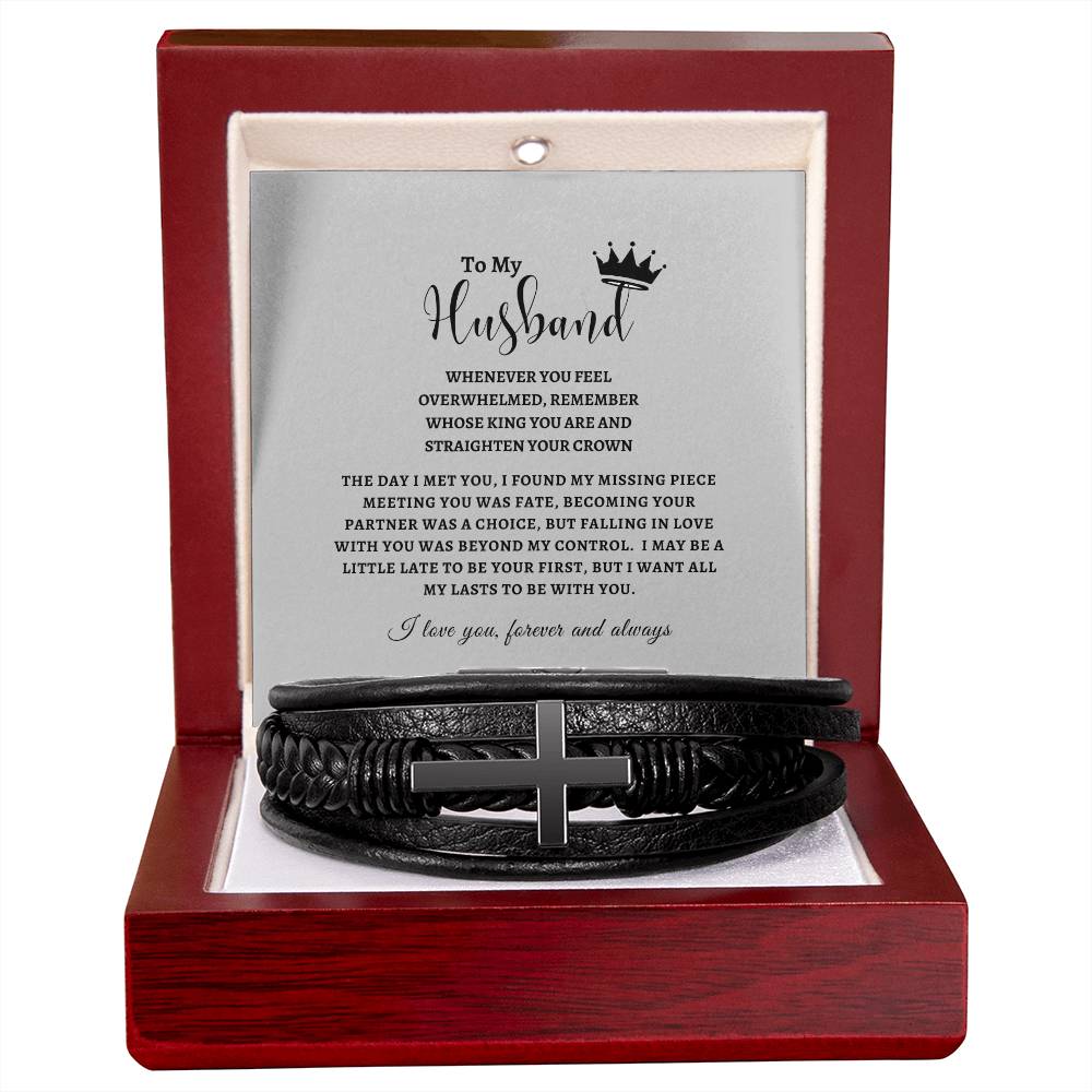 To My Husband - The day I Met You - Men's Cross Leather Bracelet