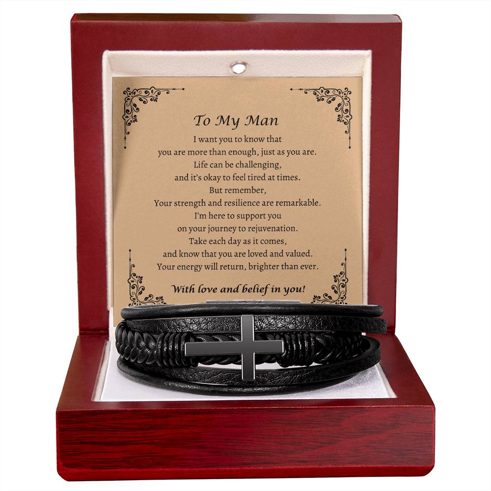 To My Man - You Are Enough - Men's Cross Leather Bracelet