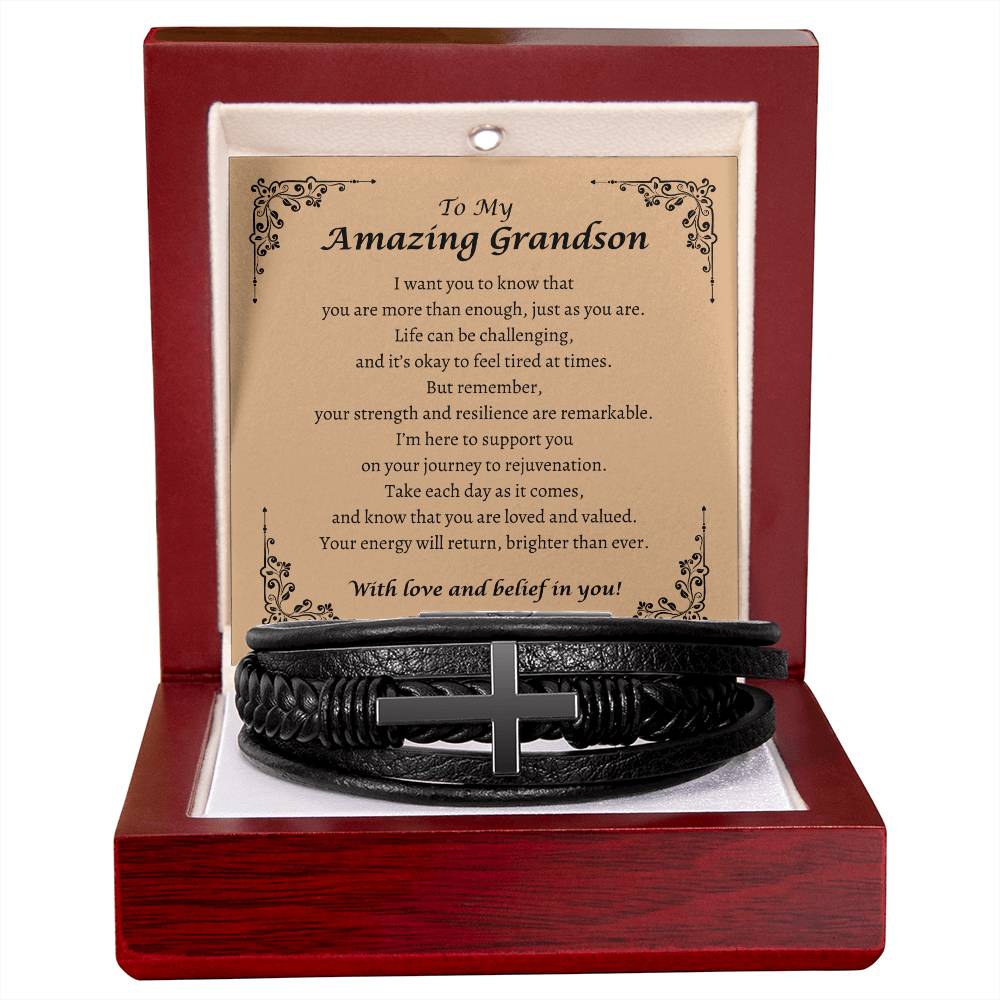 To My Grandson - You Are Enough - Men's Cross Leather Bracelet