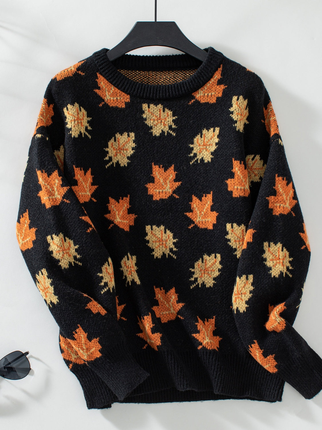 Maple Leaf Round Neck Long Sleeve Sweater