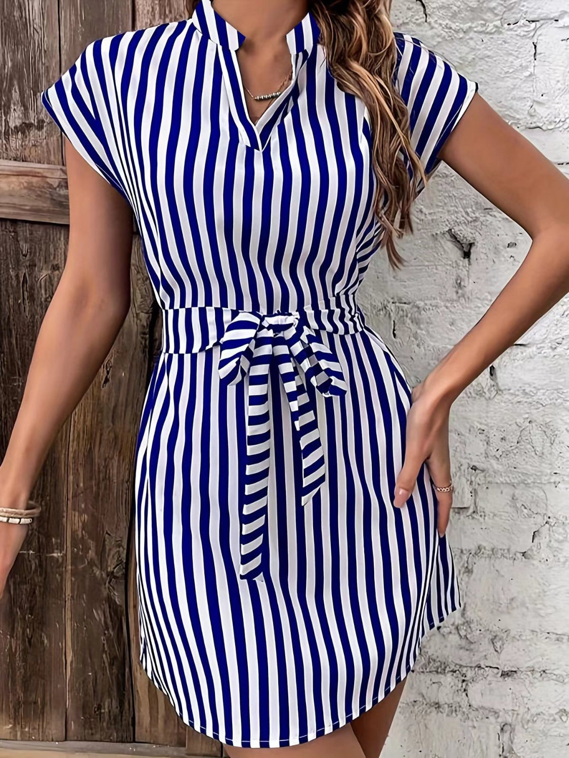 Tied Striped Cap Sleeve Mini Dress