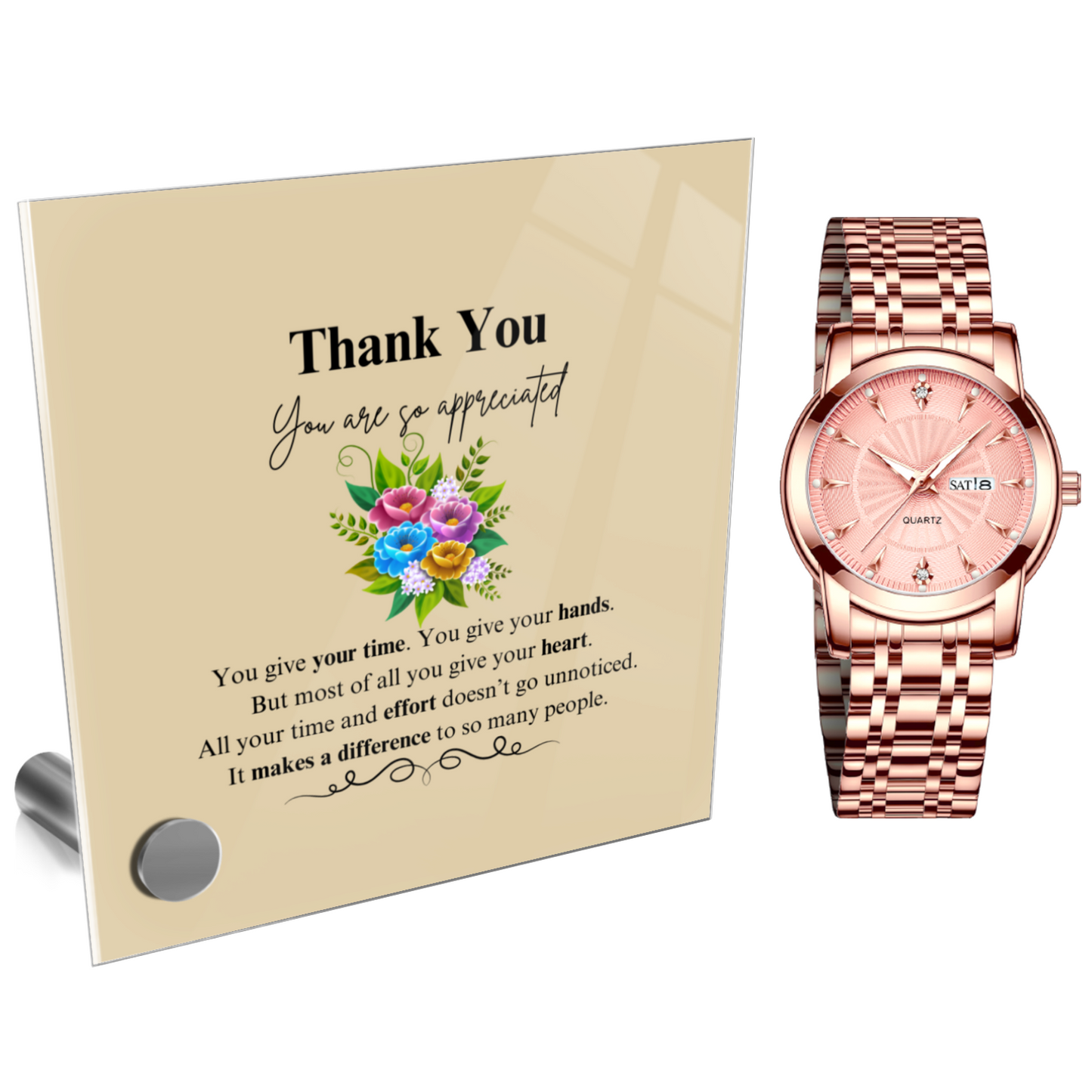 Thank you - You Are Appreciated - Ladies Gold Fashion Watch With Glass Message Stand