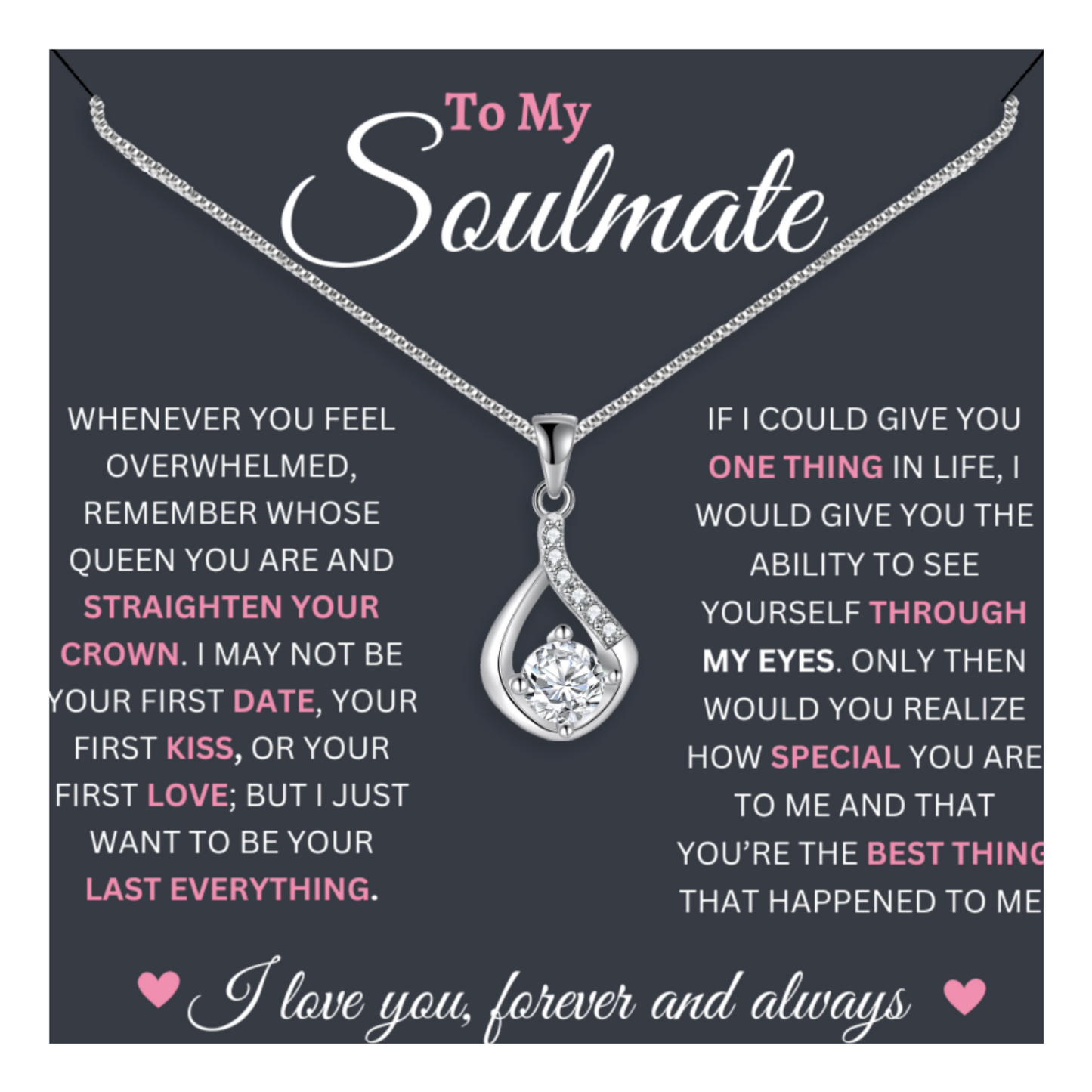 To My Soulmate(pink) - Love Drop Necklace With Message Card