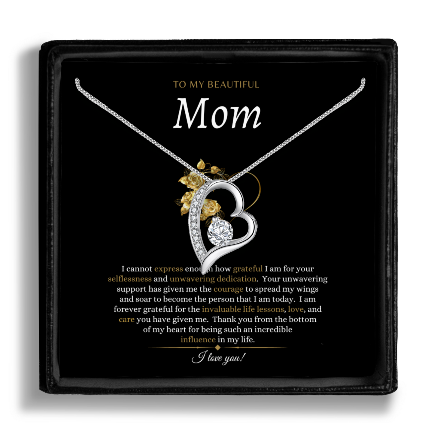 To My Beautiful Mom(gold heart) - Eternal Heart Necklace With Message Card