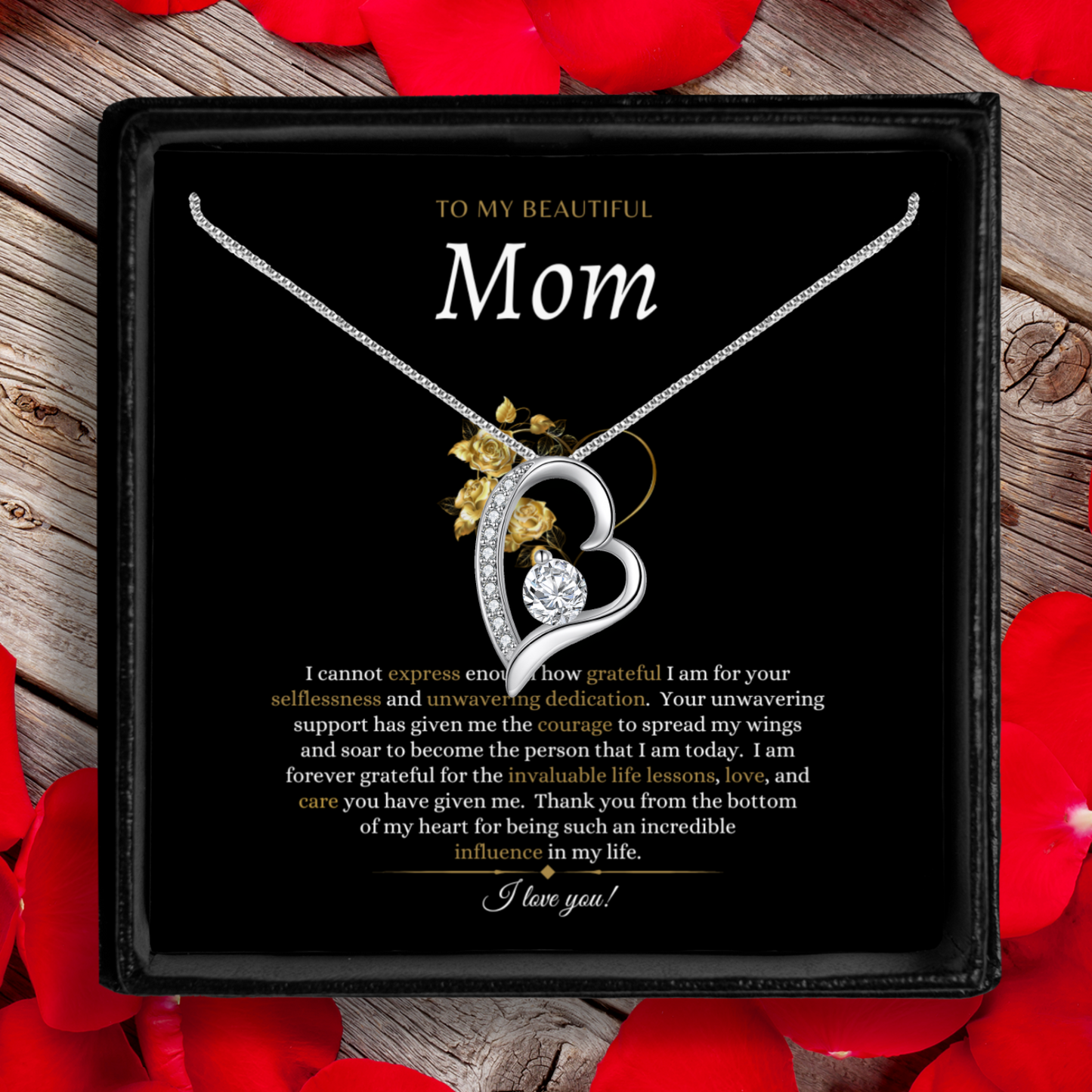 To My Beautiful Mom(gold heart) - Eternal Heart Necklace With Message Card