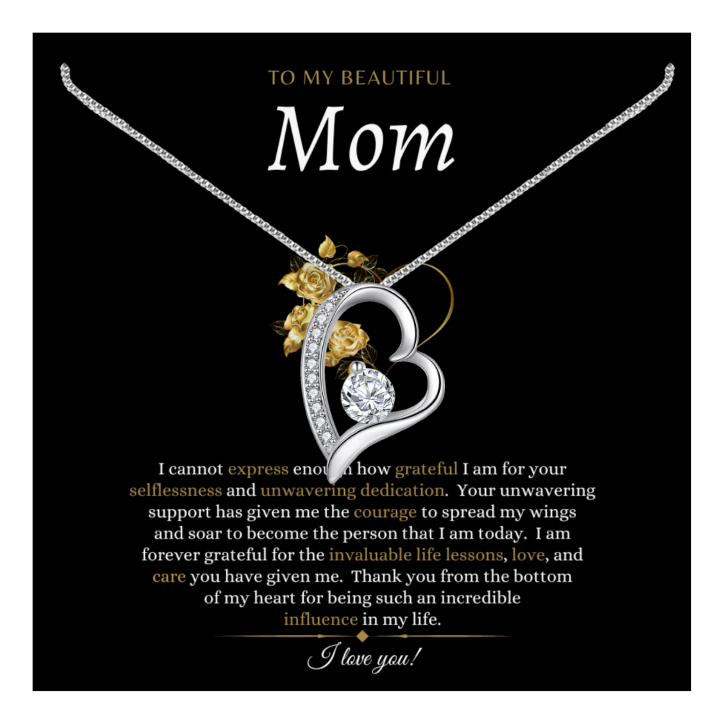 To My Beautiful Mom(gold heart) - Eternal Heart Necklace With Message Card