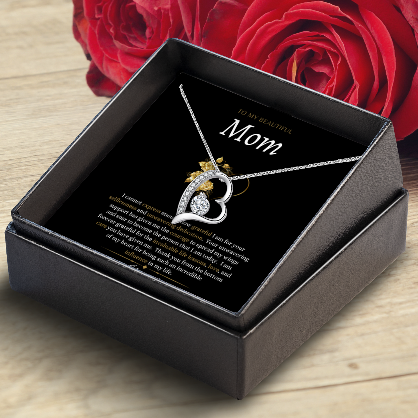 To My Beautiful Mom(gold heart) - Eternal Heart Necklace With Message Card