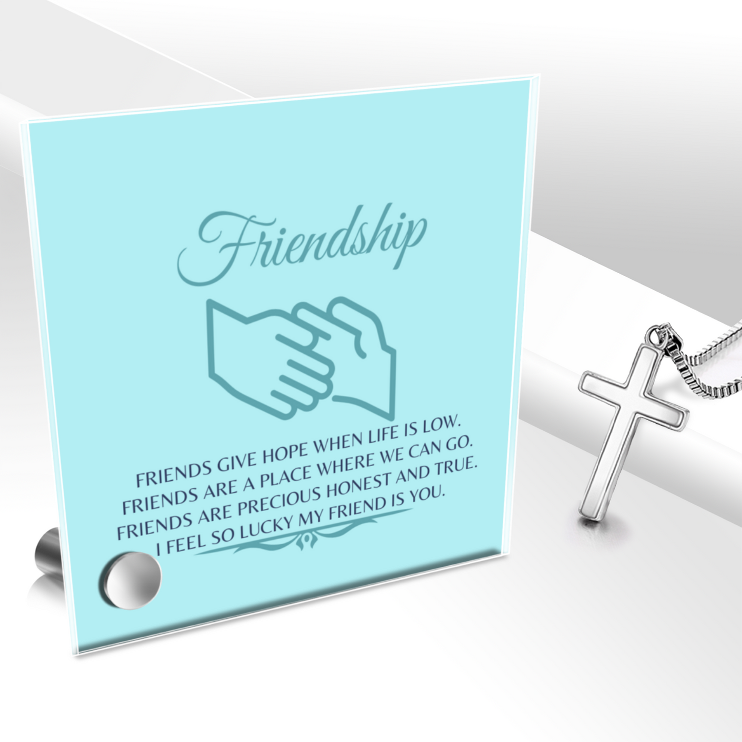 Friendship - Polished Stainless Steel Cross With Lumenglass Message Stand