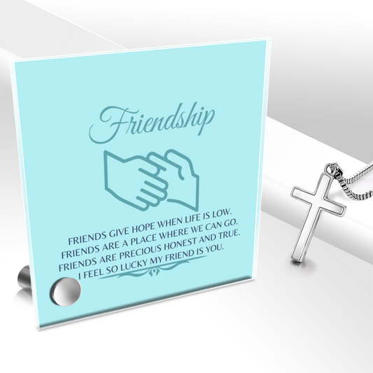 Friendship - Polished Stainless Steel Cross With Lumenglass Message Stand