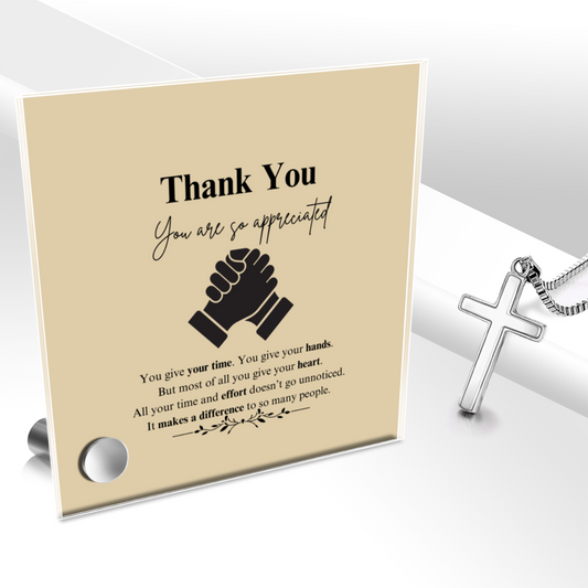 Thank you - You Are Appreciated (Men) - Polished Stainless Steel Cross With Lumenglass Message Stand