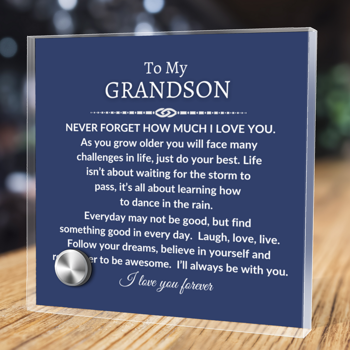 To My Grandson - Never Forget - Polished Stainless Steel Cross With Lumenglass Message Stand