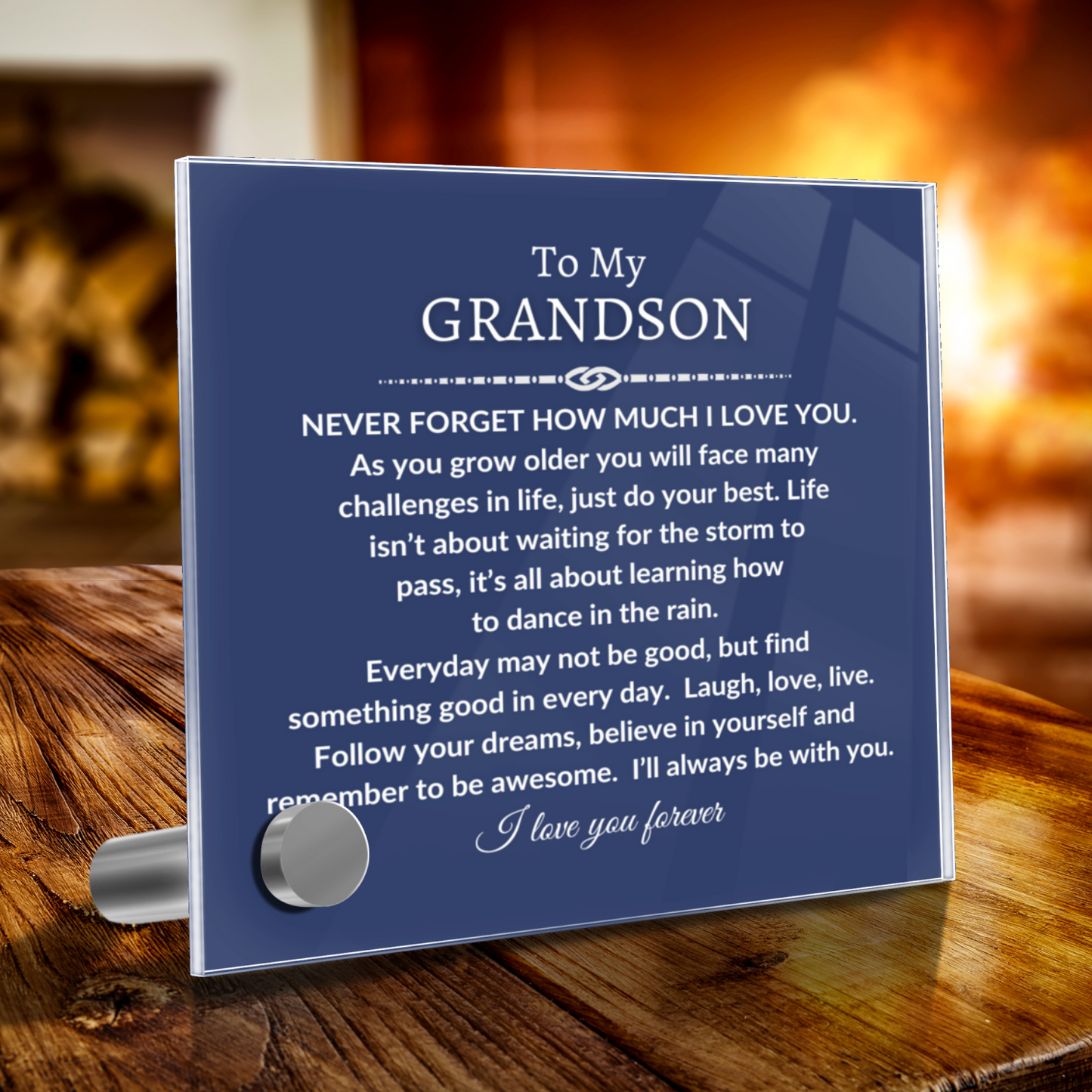 To My Grandson - Never Forget - Polished Stainless Steel Cross With Lumenglass Message Stand