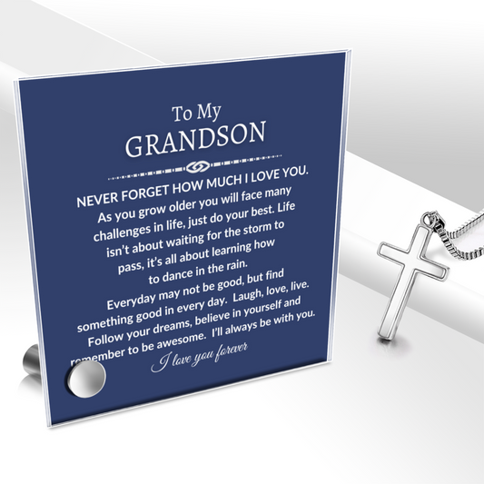 To My Grandson - Never Forget - Polished Stainless Steel Cross With Lumenglass Message Stand