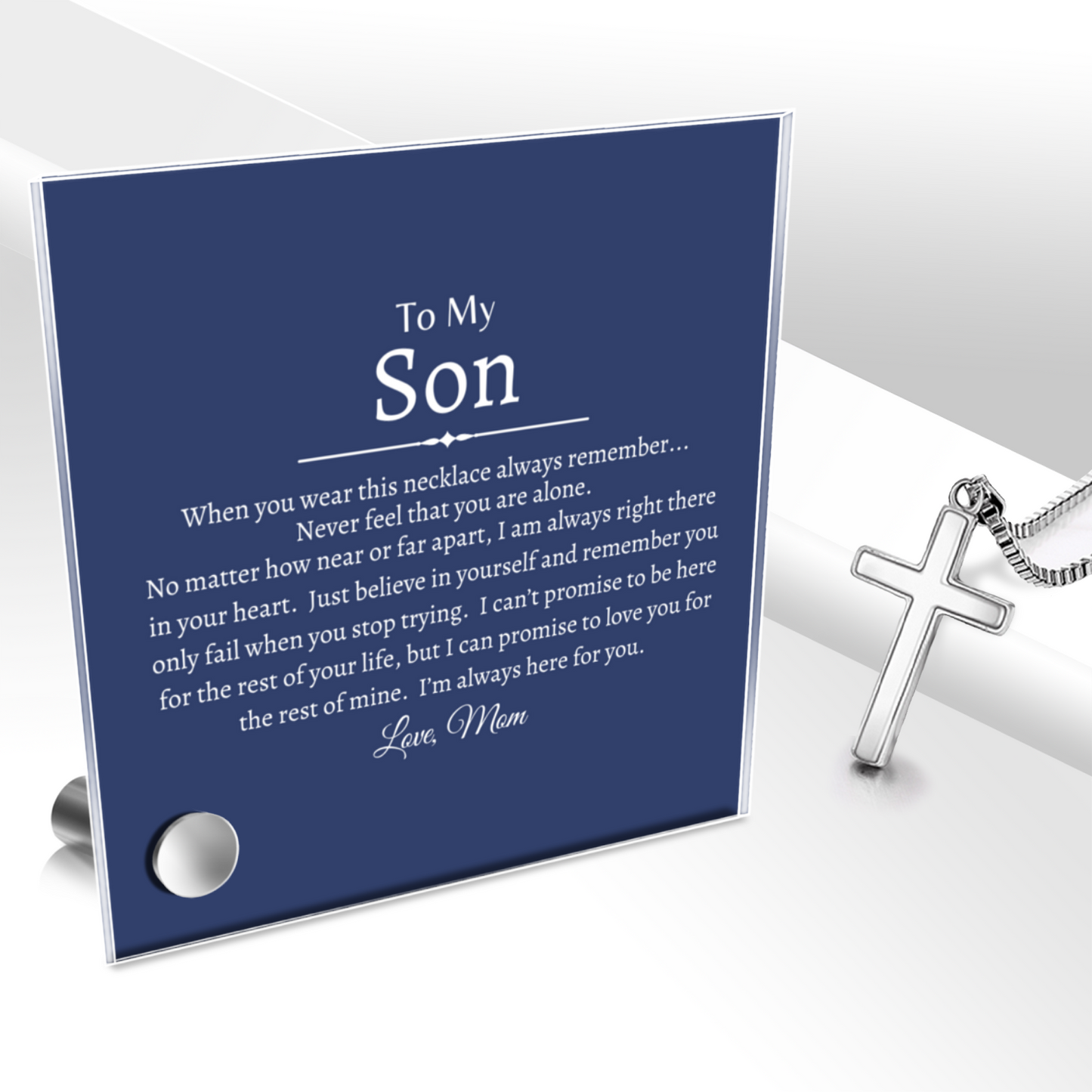 To My Son - Polished Stainless Steel Cross With Lumenglass Message Stand