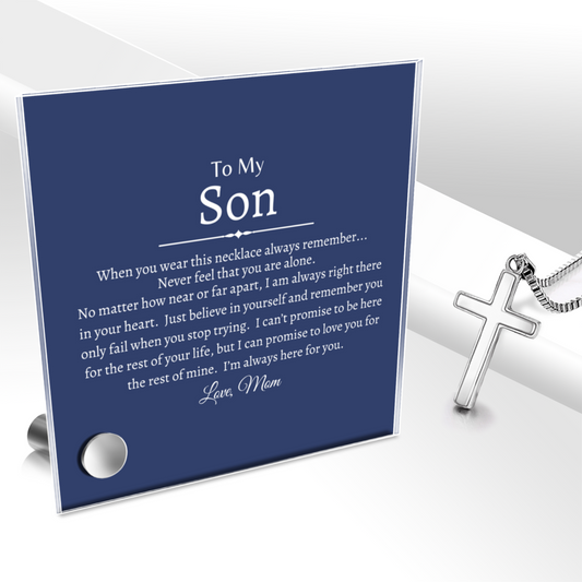 To My Son - Polished Stainless Steel Cross With Lumenglass Message Stand